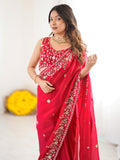 Fascinating Red Thread Embroidered Silk Wedding Wear Saree