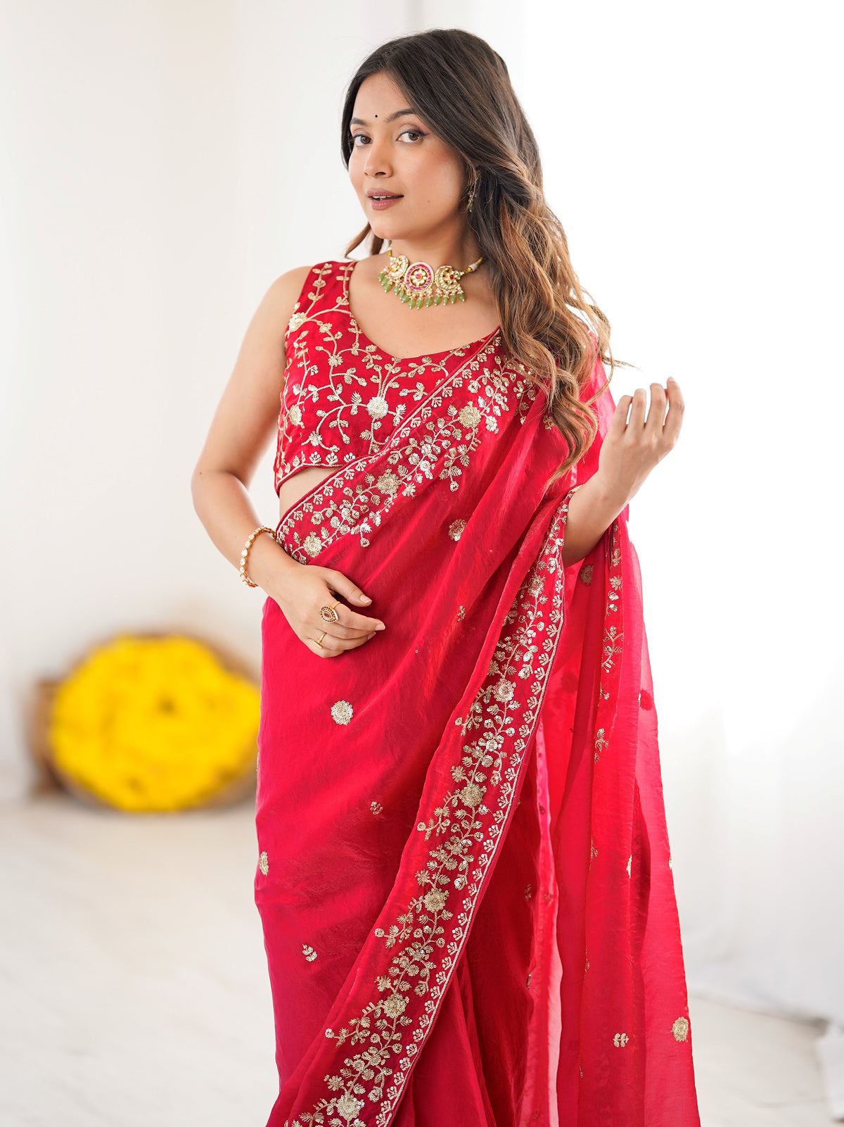 Fascinating Red Thread Embroidered Silk Wedding Wear Saree
