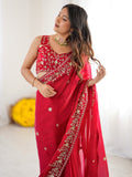 Fascinating Red Thread Embroidered Silk Wedding Wear Saree