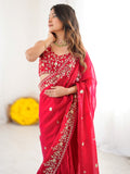 Fascinating Red Thread Embroidered Silk Wedding Wear Saree