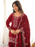 Incredible Red Embroidered Silk Festival Wear Salwar Kameez With Dupatta