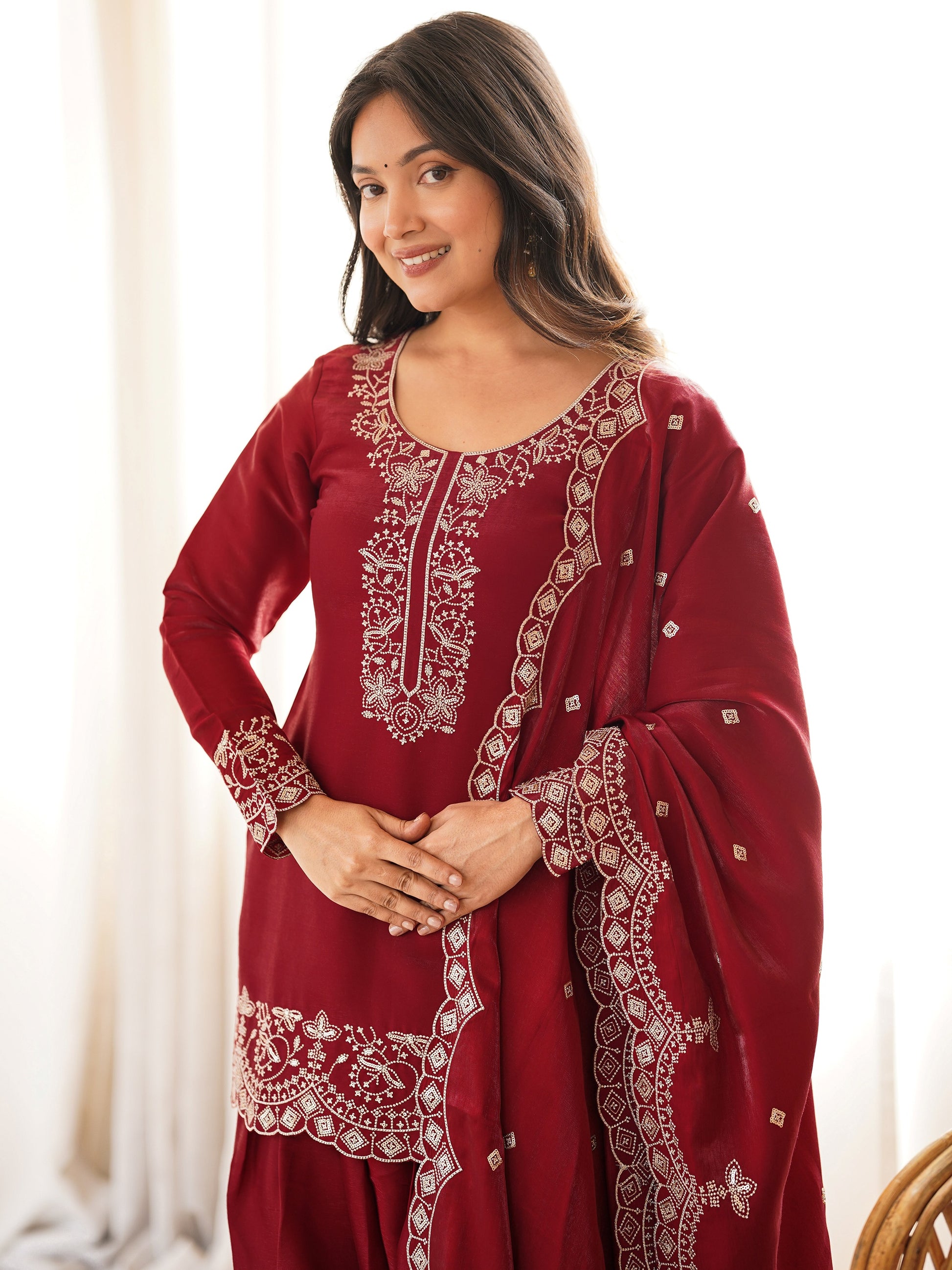 Incredible Red Embroidered Silk Festival Wear Salwar Kameez With Dupatta