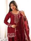 Incredible Red Embroidered Silk Festival Wear Salwar Kameez With Dupatta