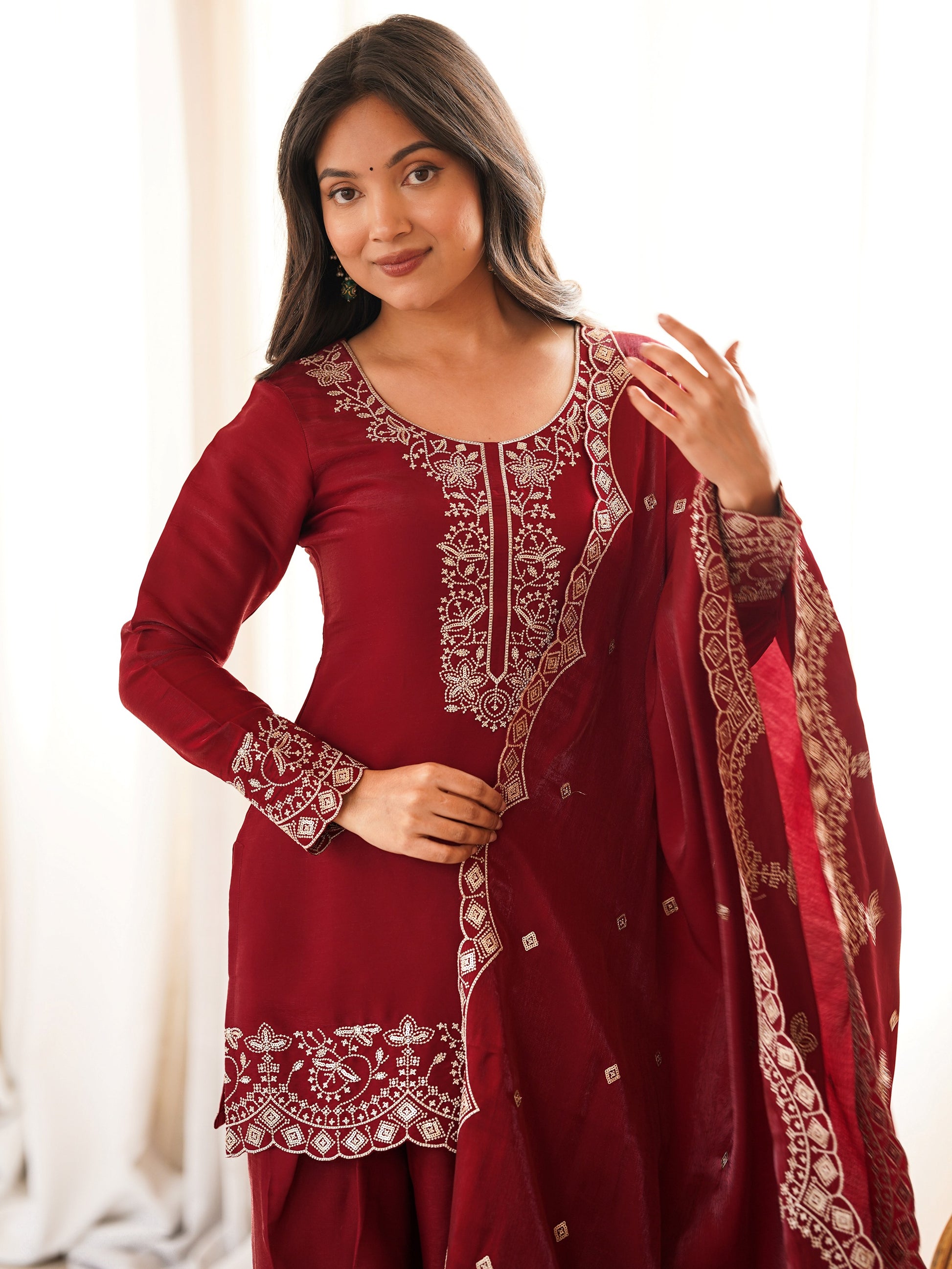 Incredible Red Embroidered Silk Festival Wear Salwar Kameez With Dupatta