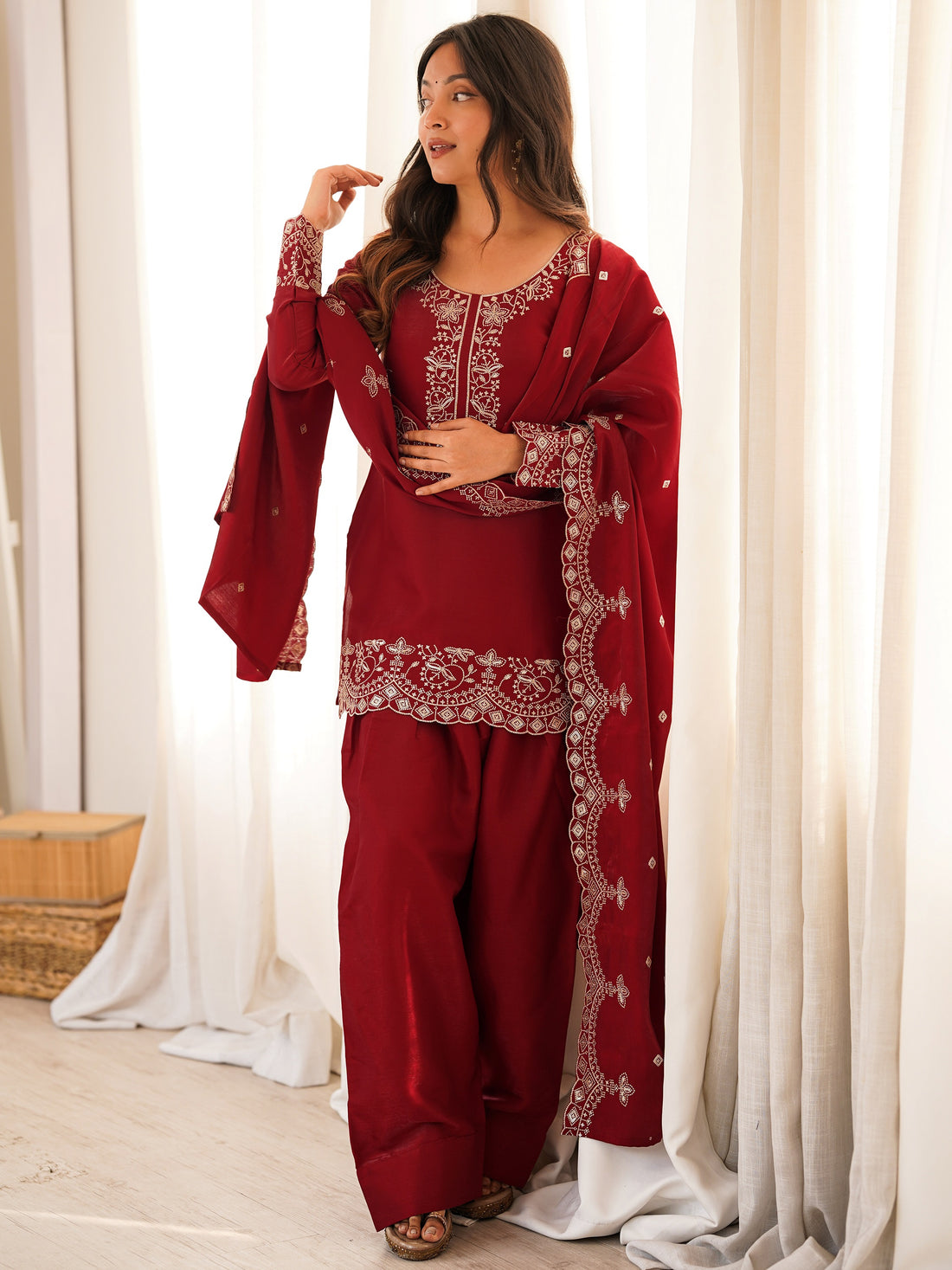 Incredible Red Embroidered Silk Festival Wear Salwar Kameez With Dupatta