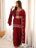Incredible Red Embroidered Silk Festival Wear Salwar Kameez With Dupatta