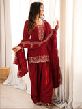 Incredible Red Embroidered Silk Festival Wear Salwar Kameez With Dupatta