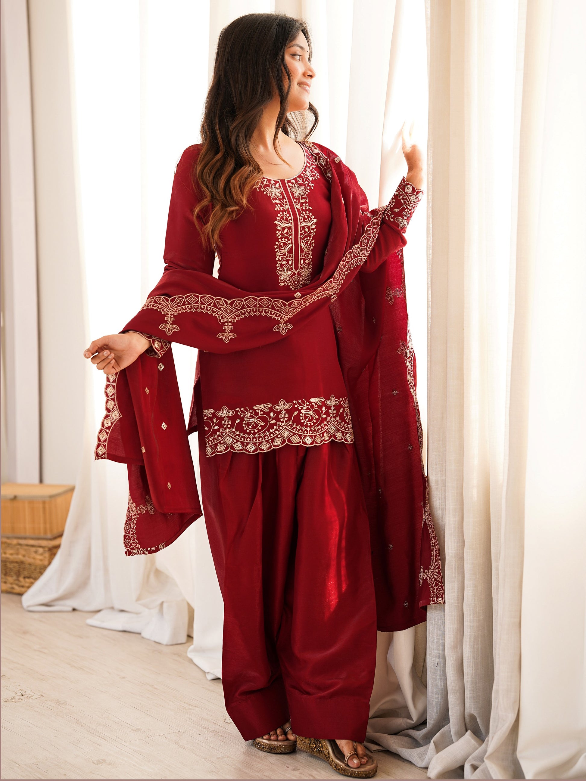 Incredible Red Embroidered Silk Festival Wear Salwar Kameez With Dupatta
