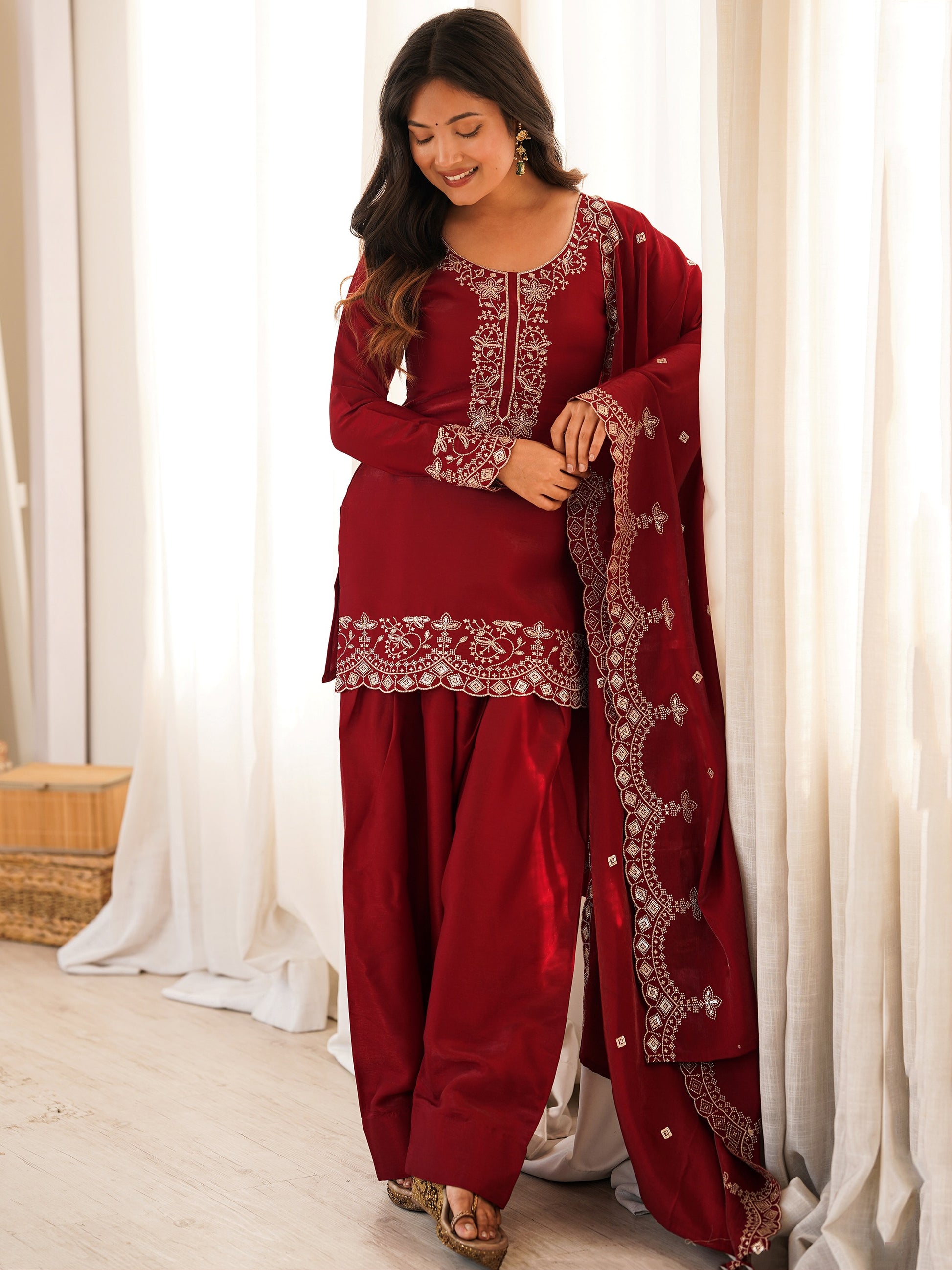 Incredible Red Embroidered Silk Festival Wear Salwar Kameez With Dupatta
