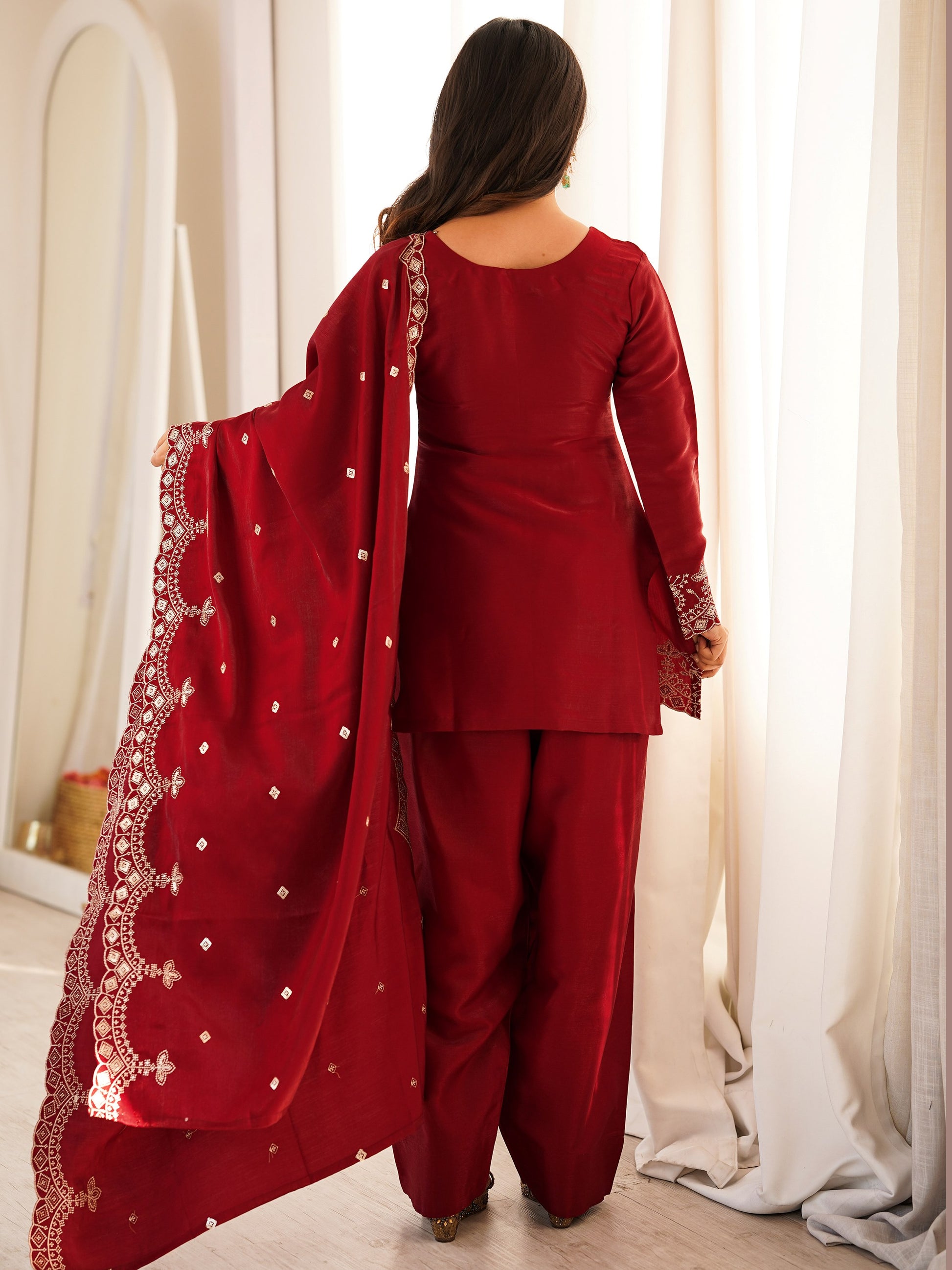 Incredible Red Embroidered Silk Festival Wear Salwar Kameez With Dupatta