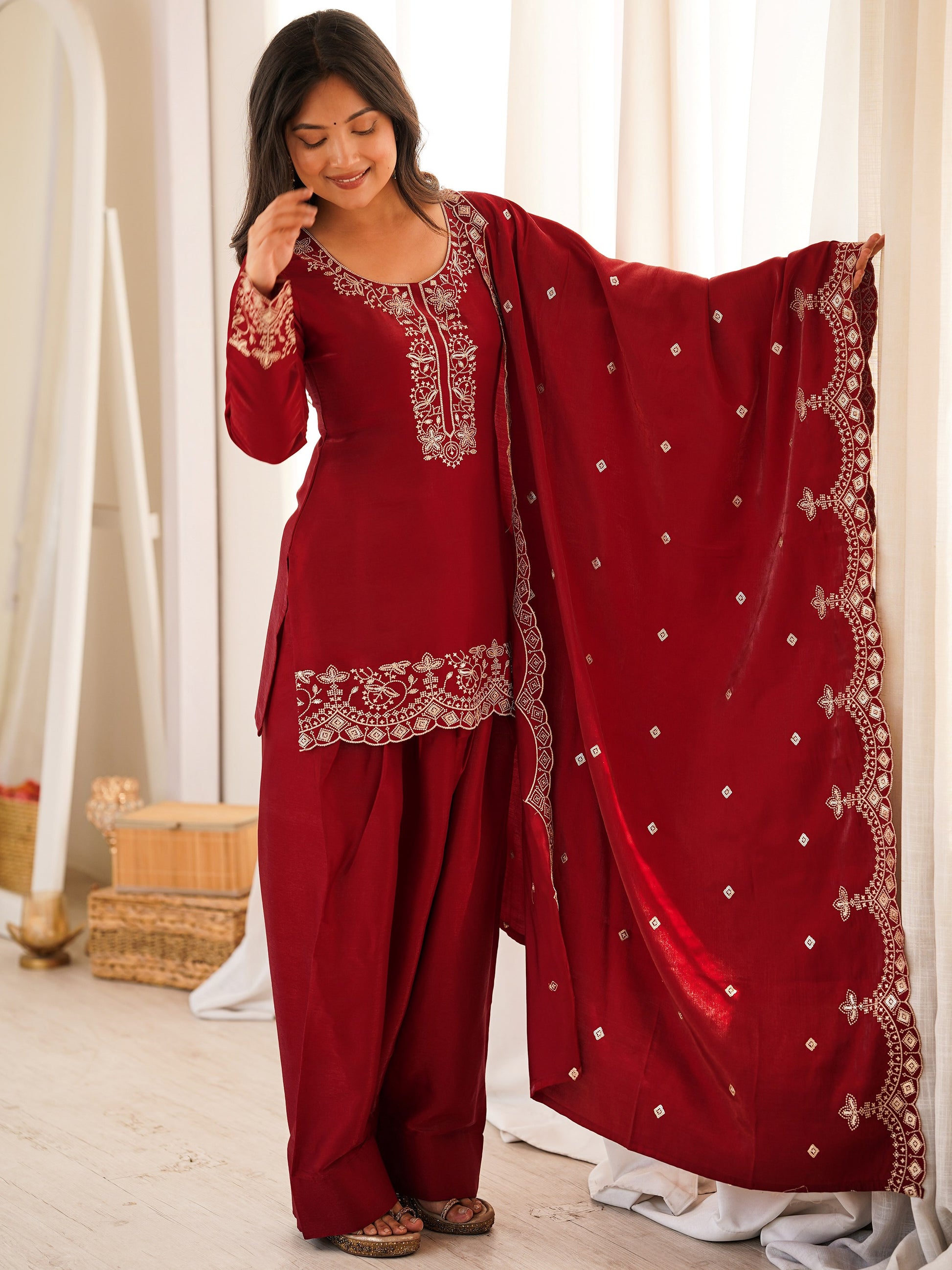 Incredible Red Embroidered Silk Festival Wear Salwar Kameez With Dupatta