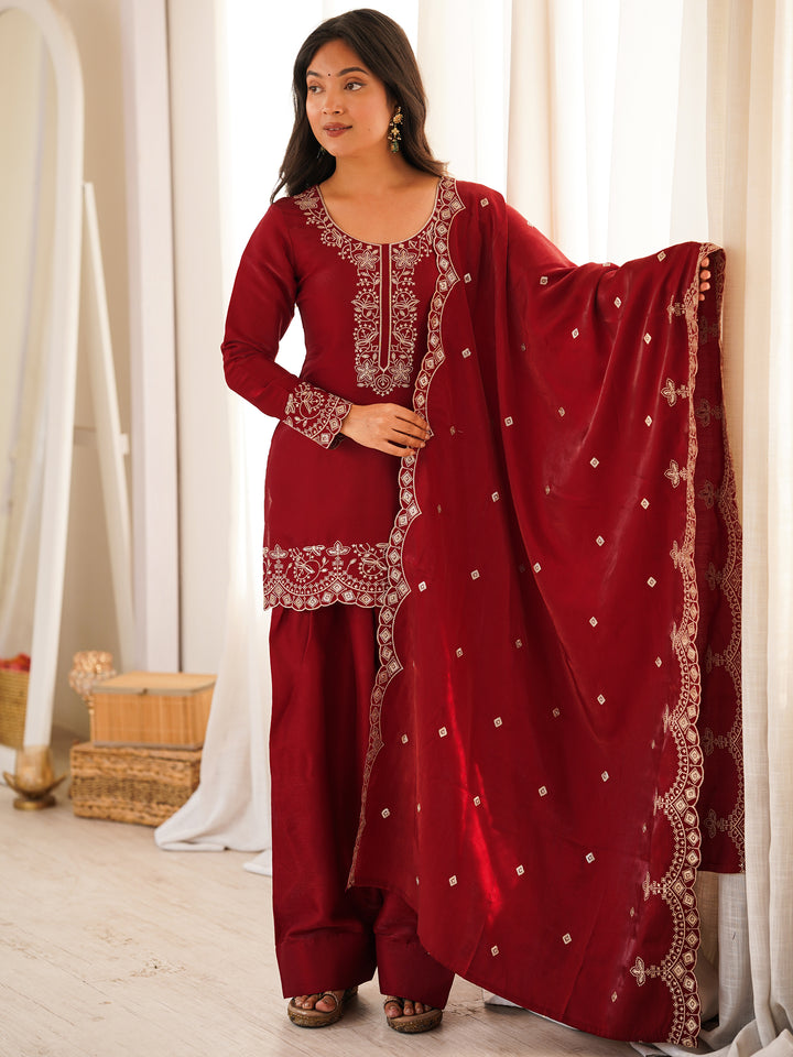 Incredible Red Embroidered Silk Festival Wear Salwar Kameez With Dupatta