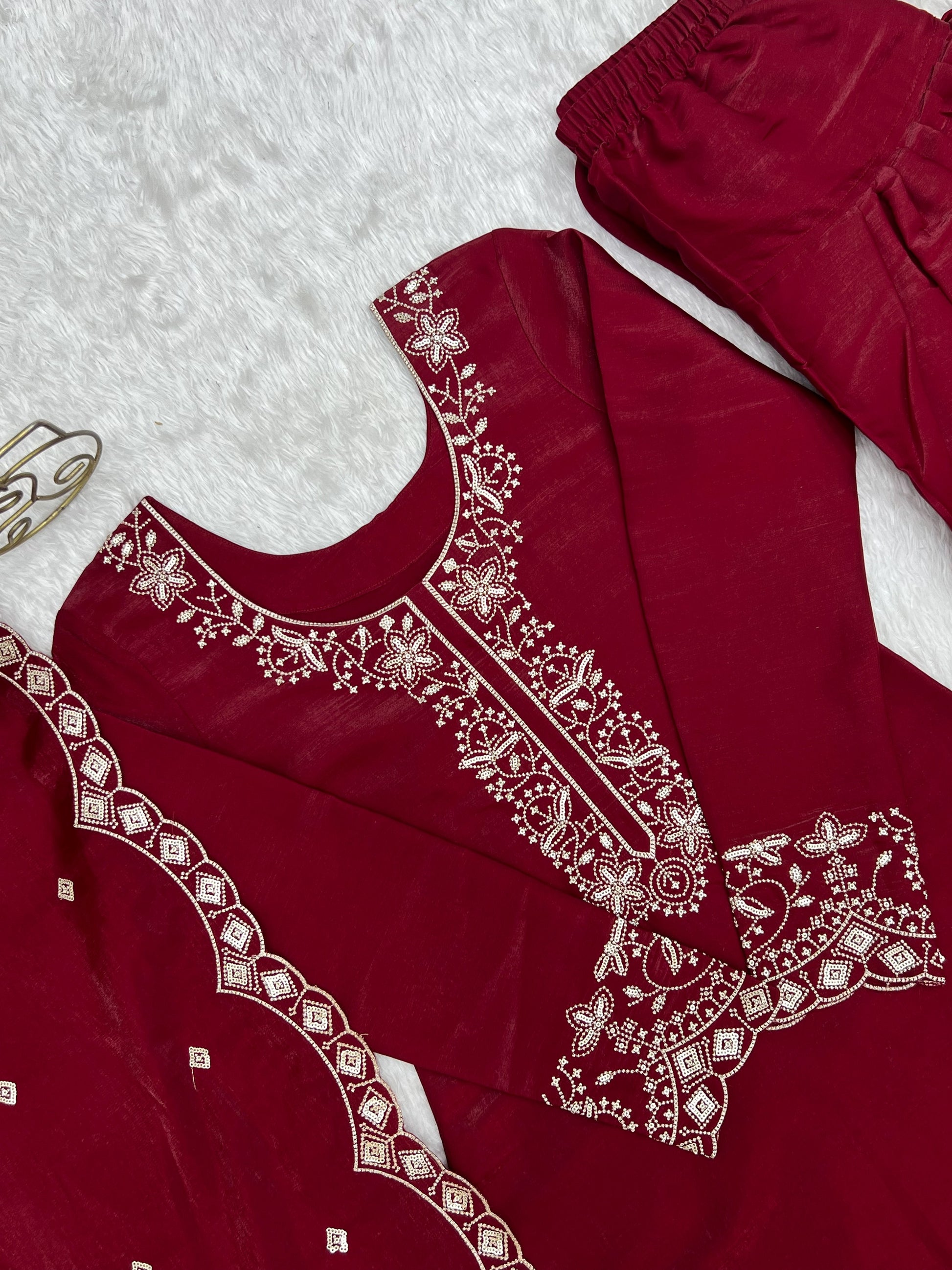 Incredible Red Embroidered Silk Festival Wear Salwar Kameez With Dupatta