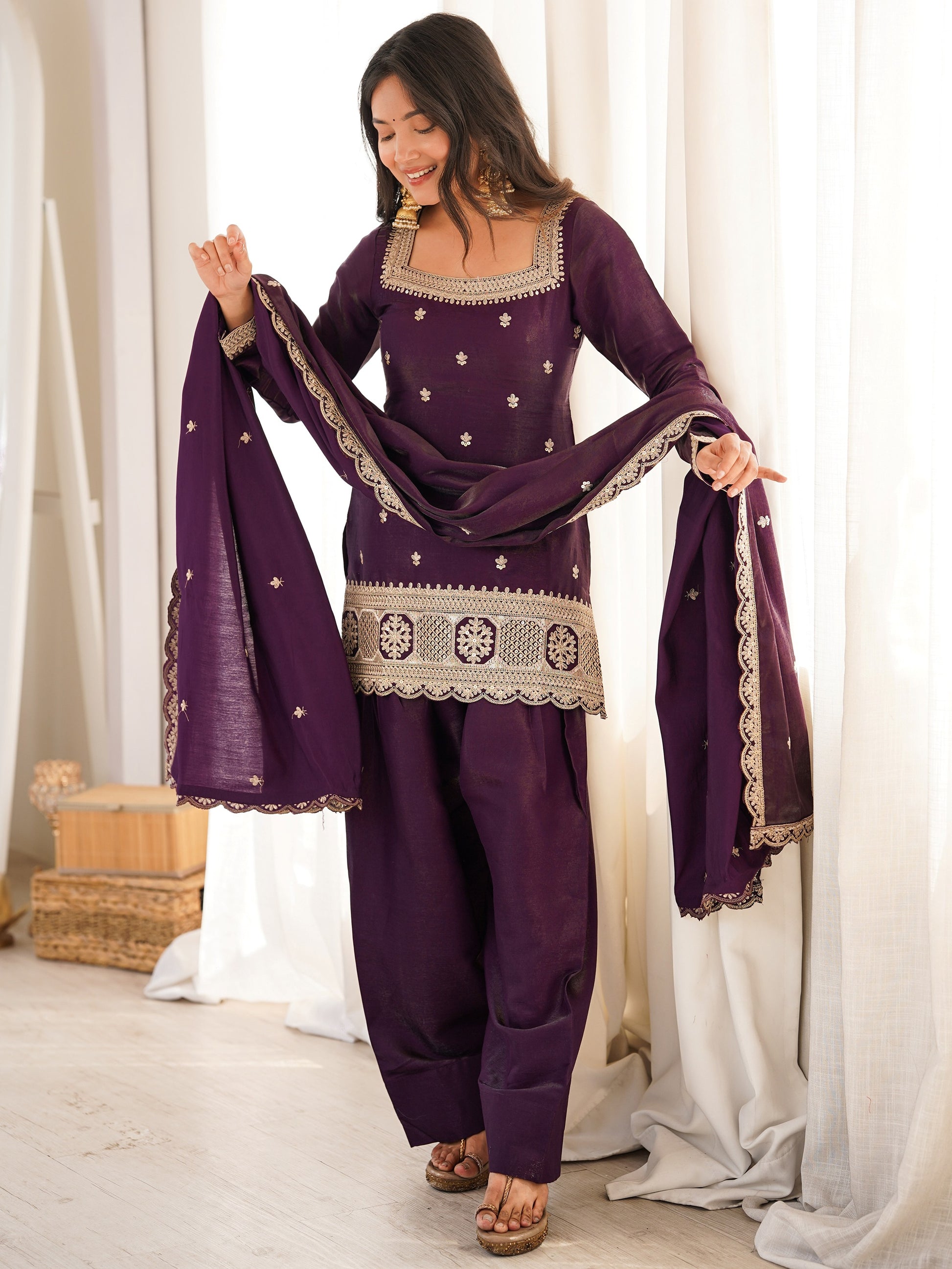 Gorgeous Purple Embroidered Silk Festival Wear Shalwar Suit With Dupatta