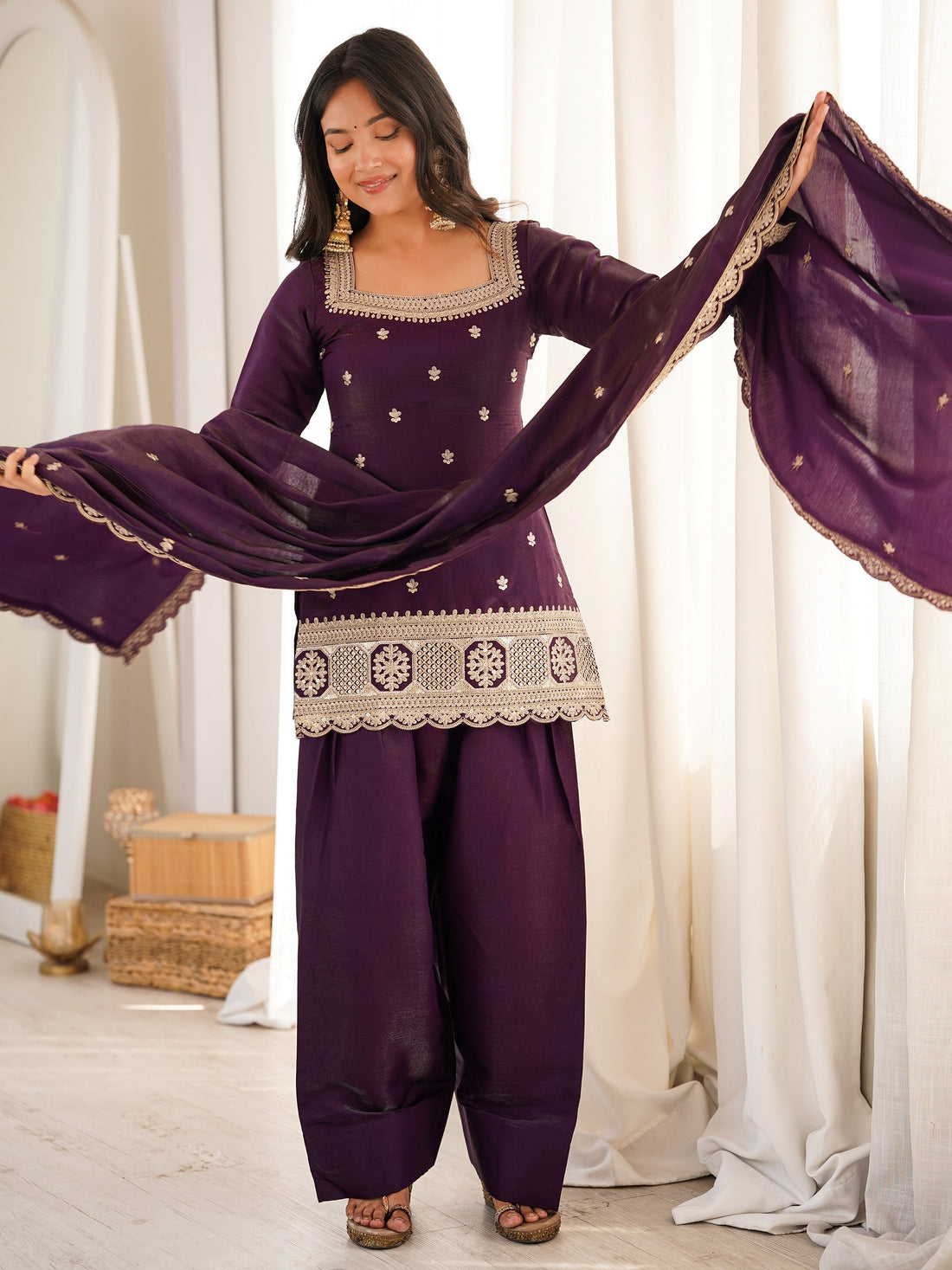 Gorgeous Purple Embroidered Silk Festival Wear Shalwar Suit With Dupatta