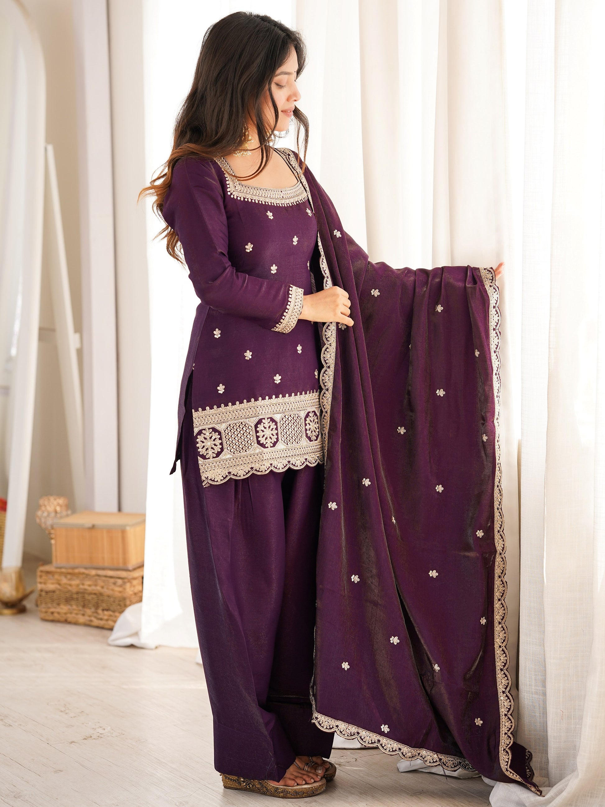 Gorgeous Purple Embroidered Silk Festival Wear Shalwar Suit With Dupatta