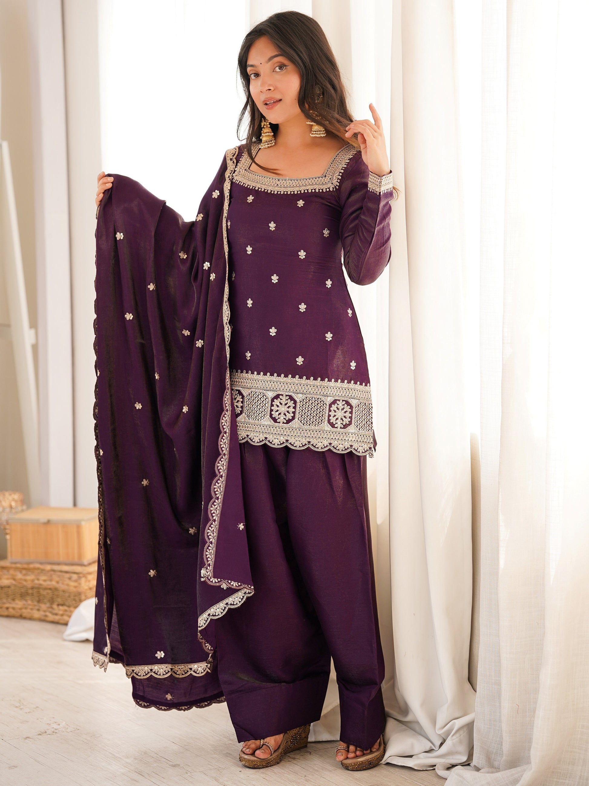 Gorgeous Purple Embroidered Silk Festival Wear Shalwar Suit With Dupatta