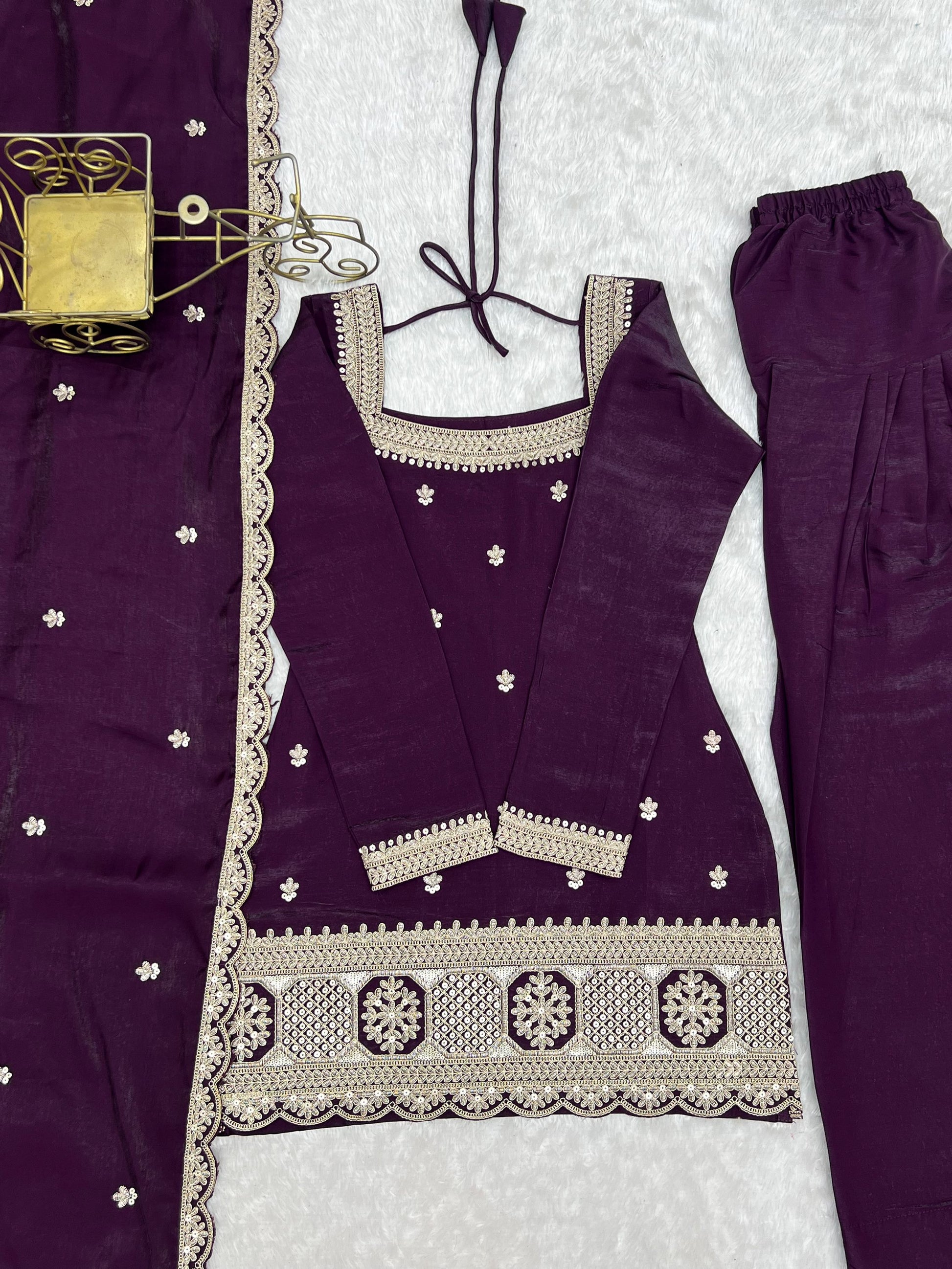 Gorgeous Purple Embroidered Silk Festival Wear Shalwar Suit With Dupatta