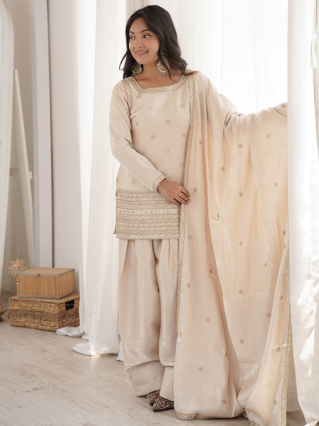 Alluring Cream Sequins Silk Festival Wear Salwar Kameez With Dupatta