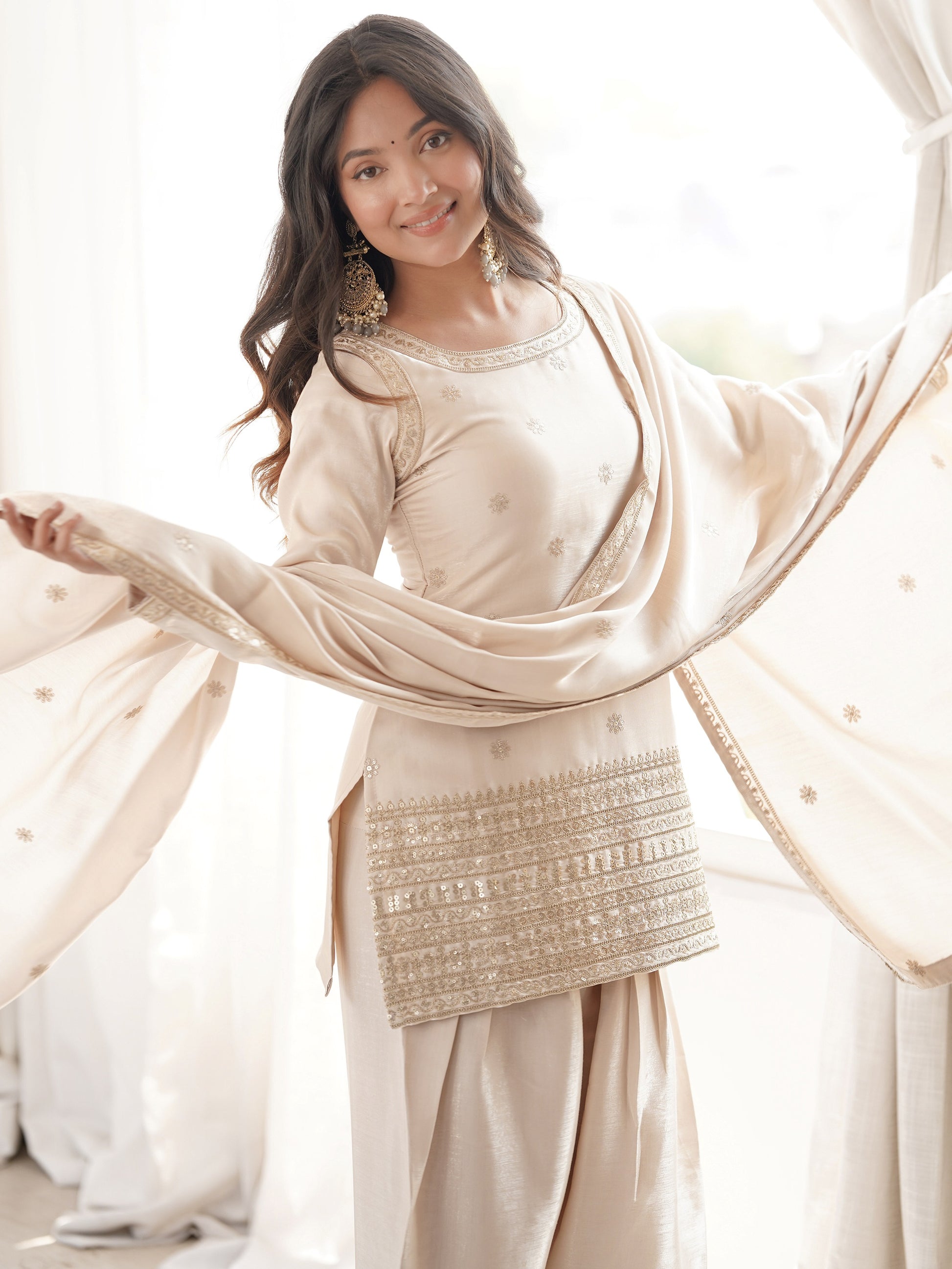 Alluring Cream Sequins Silk Festival Wear Salwar Kameez With Dupatta