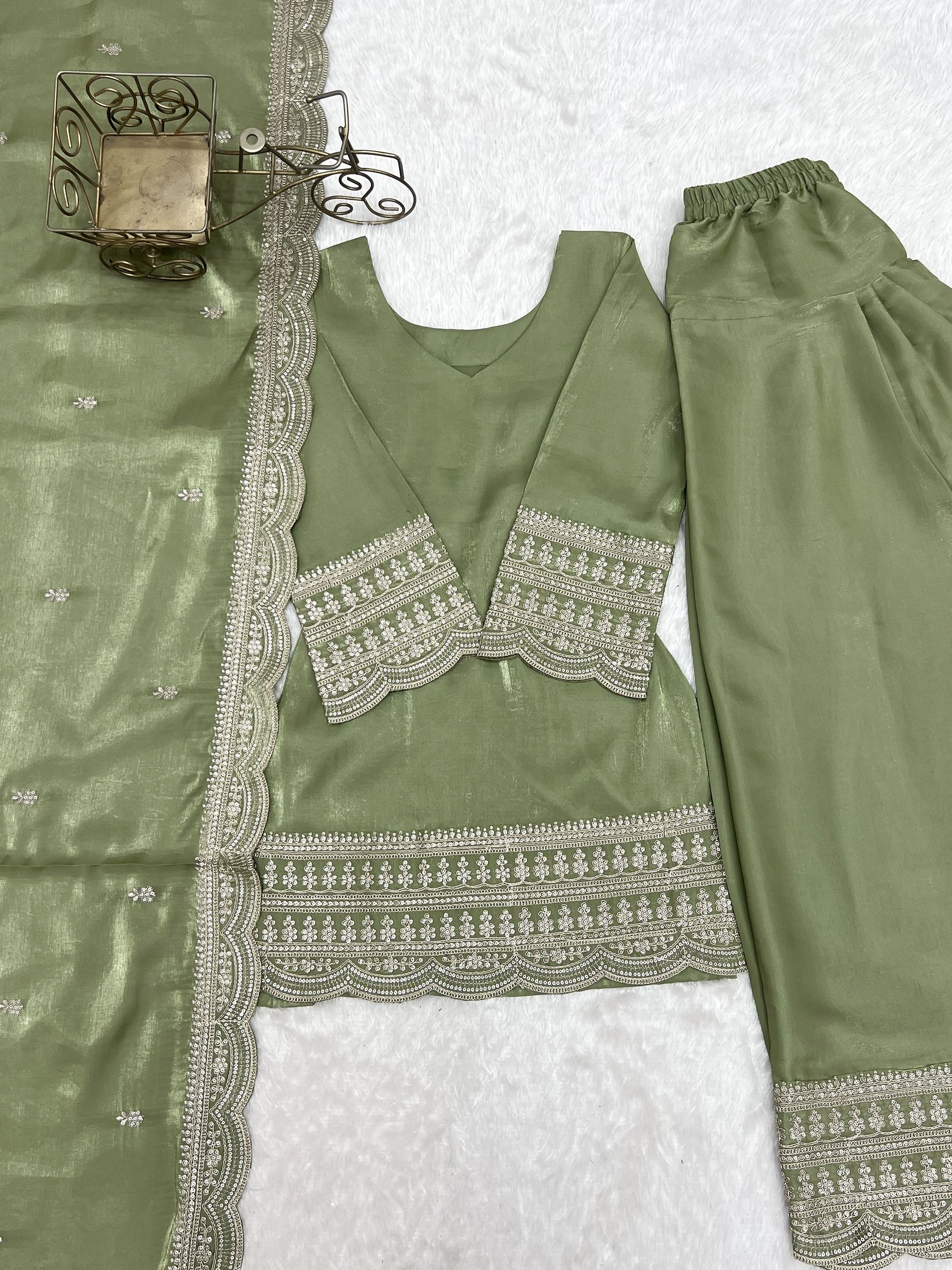 Pretty Green Embroidered Silk Festival Wear Salwar Kameez With Dupatta