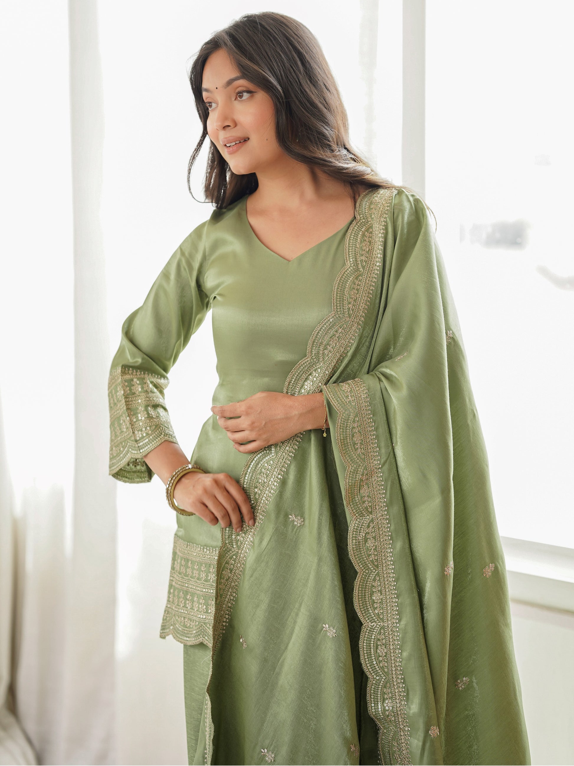 Pretty Green Embroidered Silk Festival Wear Salwar Kameez With Dupatta