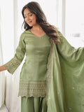 Pretty Green Embroidered Silk Festival Wear Salwar Kameez With Dupatta