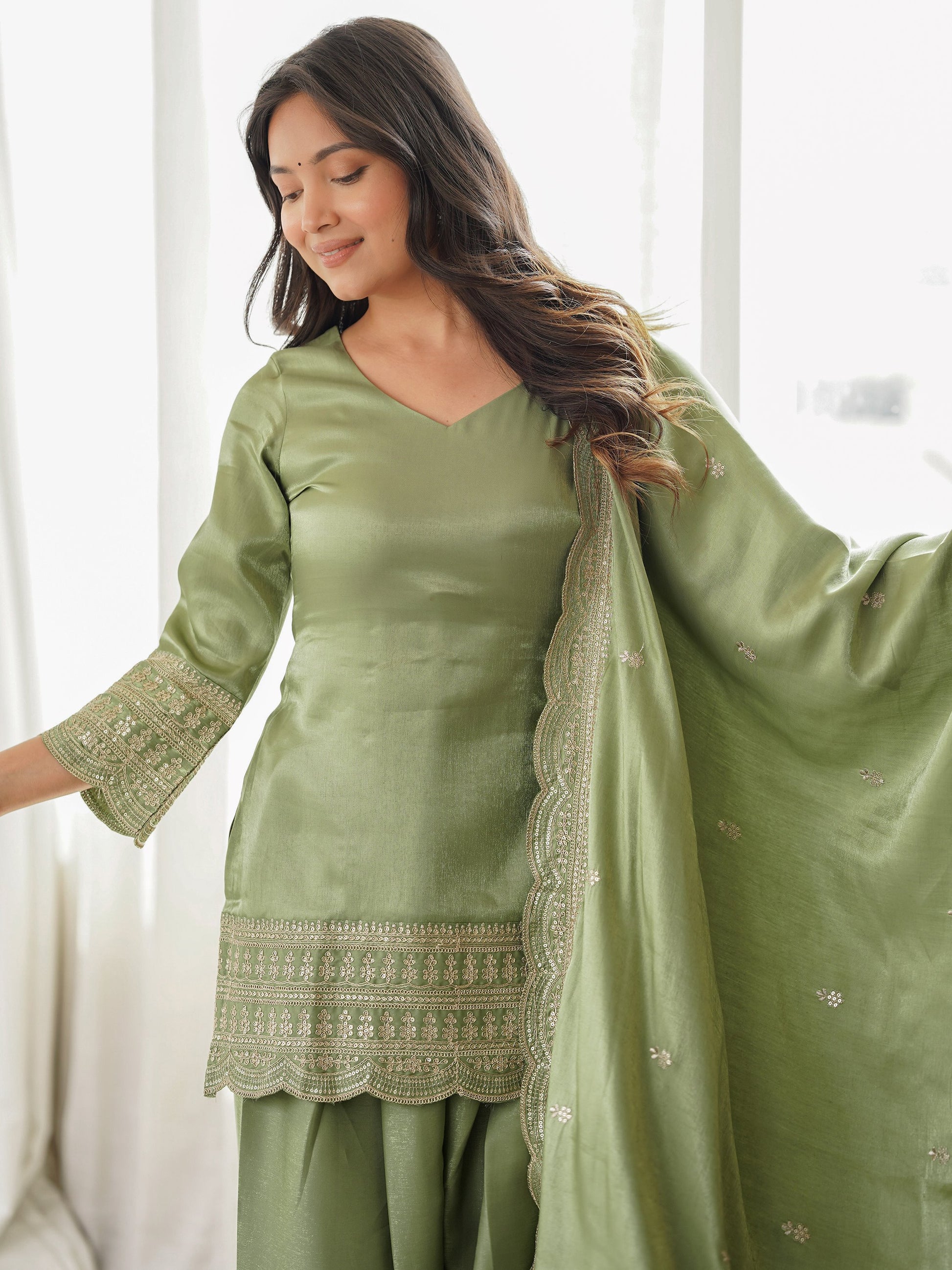 Pretty Green Embroidered Silk Festival Wear Salwar Kameez With Dupatta