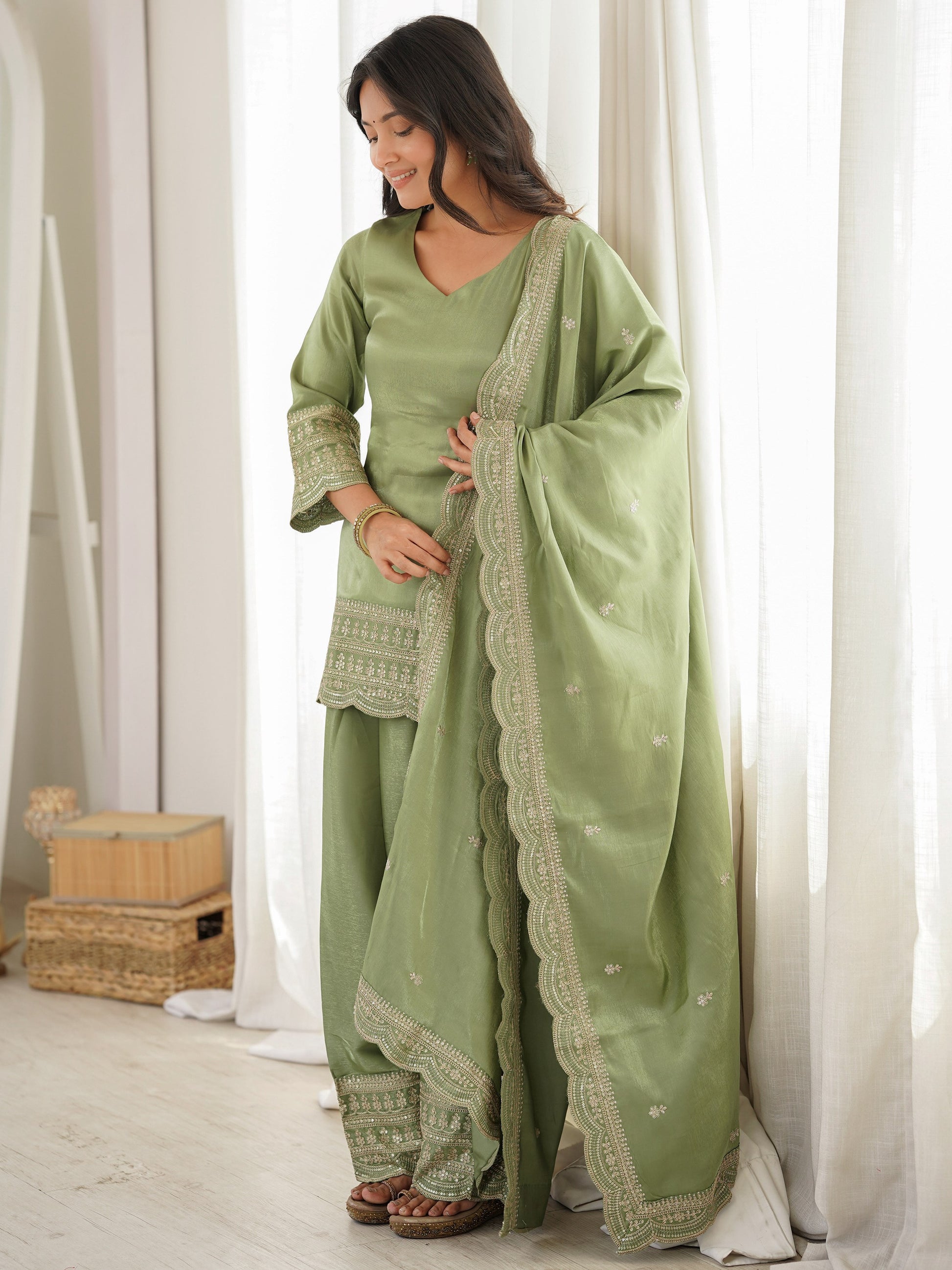 Pretty Green Embroidered Silk Festival Wear Salwar Kameez With Dupatta