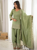 Pretty Green Embroidered Silk Festival Wear Salwar Kameez With Dupatta