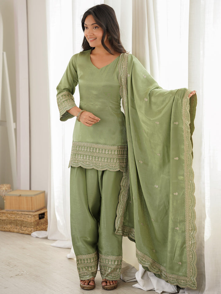 Pretty Green Embroidered Silk Festival Wear Salwar Kameez With Dupatta