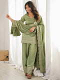 Pretty Green Embroidered Silk Festival Wear Salwar Kameez With Dupatta