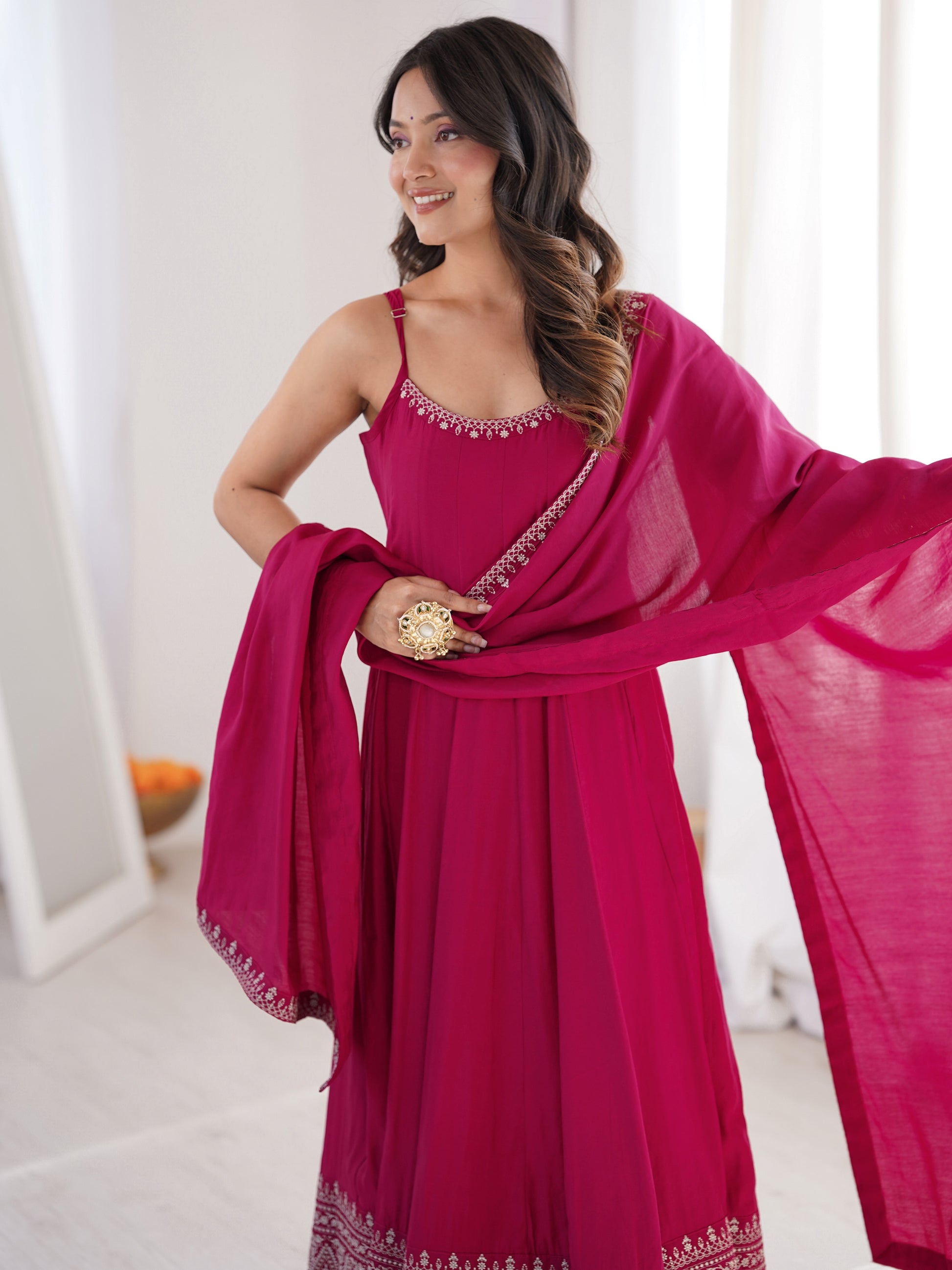 Great Rani Pink lace work Chanderi Festival Wear Anarkali Suit With Dupatta
