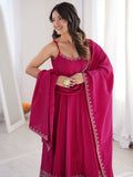 Great Rani Pink lace work Chanderi Festival Wear Anarkali Suit With Dupatta