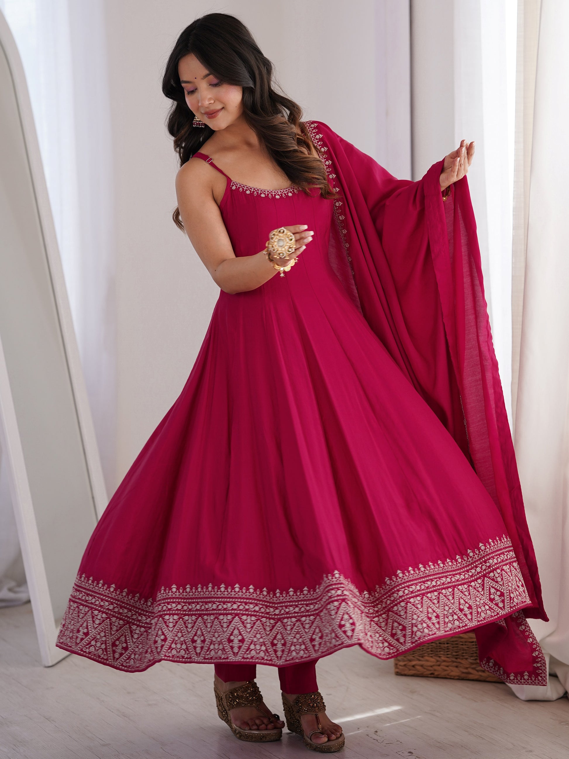 Great Rani Pink lace work Chanderi Festival Wear Anarkali Suit With Dupatta