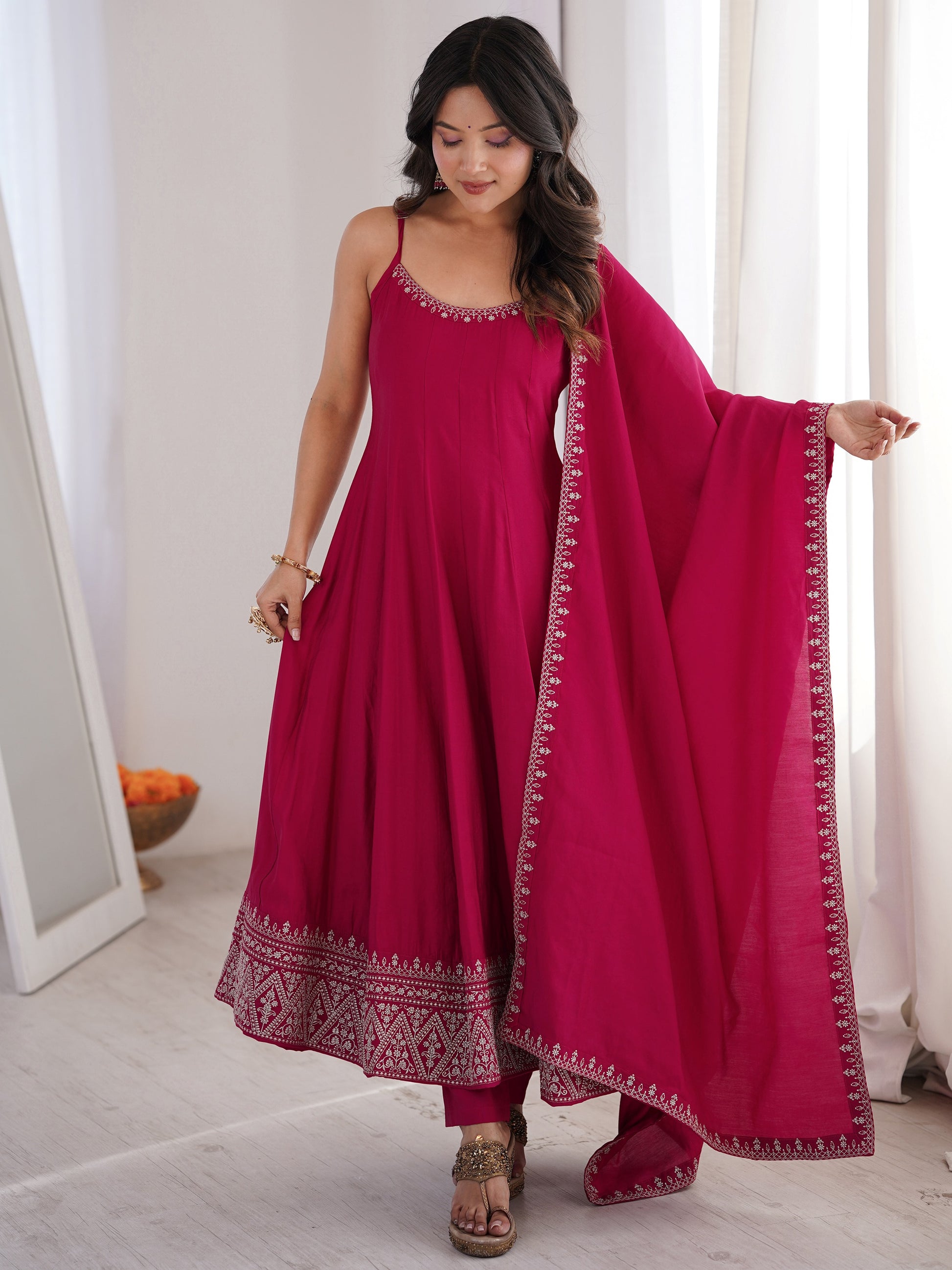Great Rani Pink lace work Chanderi Festival Wear Anarkali Suit With Dupatta