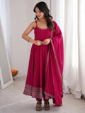 Great Rani Pink lace work Chanderi Festival Wear Anarkali Suit With Dupatta
