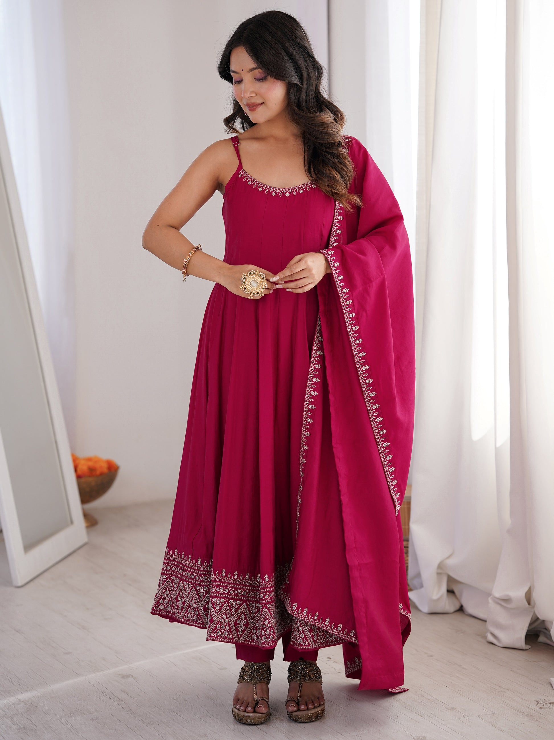 Great Rani Pink lace work Chanderi Festival Wear Anarkali Suit With Dupatta