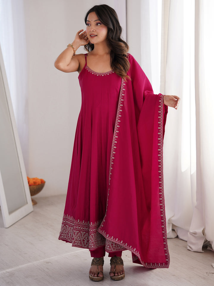 Great Rani Pink lace work Chanderi Festival Wear Anarkali Suit With Dupatta