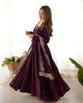 Precious Wine Silk Event Wear Anarkali Gown With Sequins Dupatta