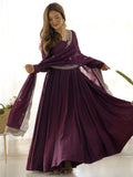Precious Wine Silk Event Wear Anarkali Gown With Sequins Dupatta