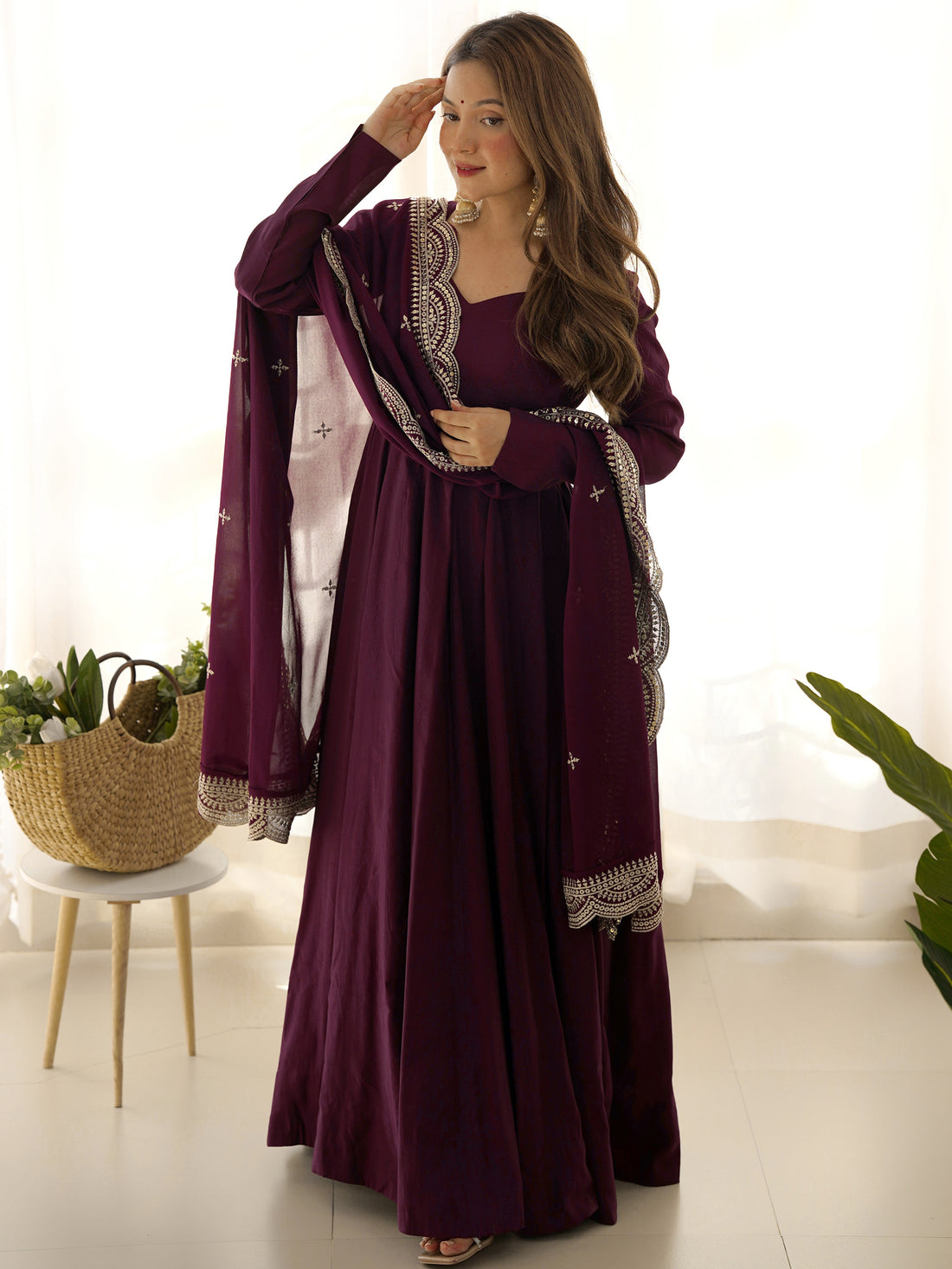 Precious Wine Silk Event Wear Anarkali Suit With Sequins Dupatta