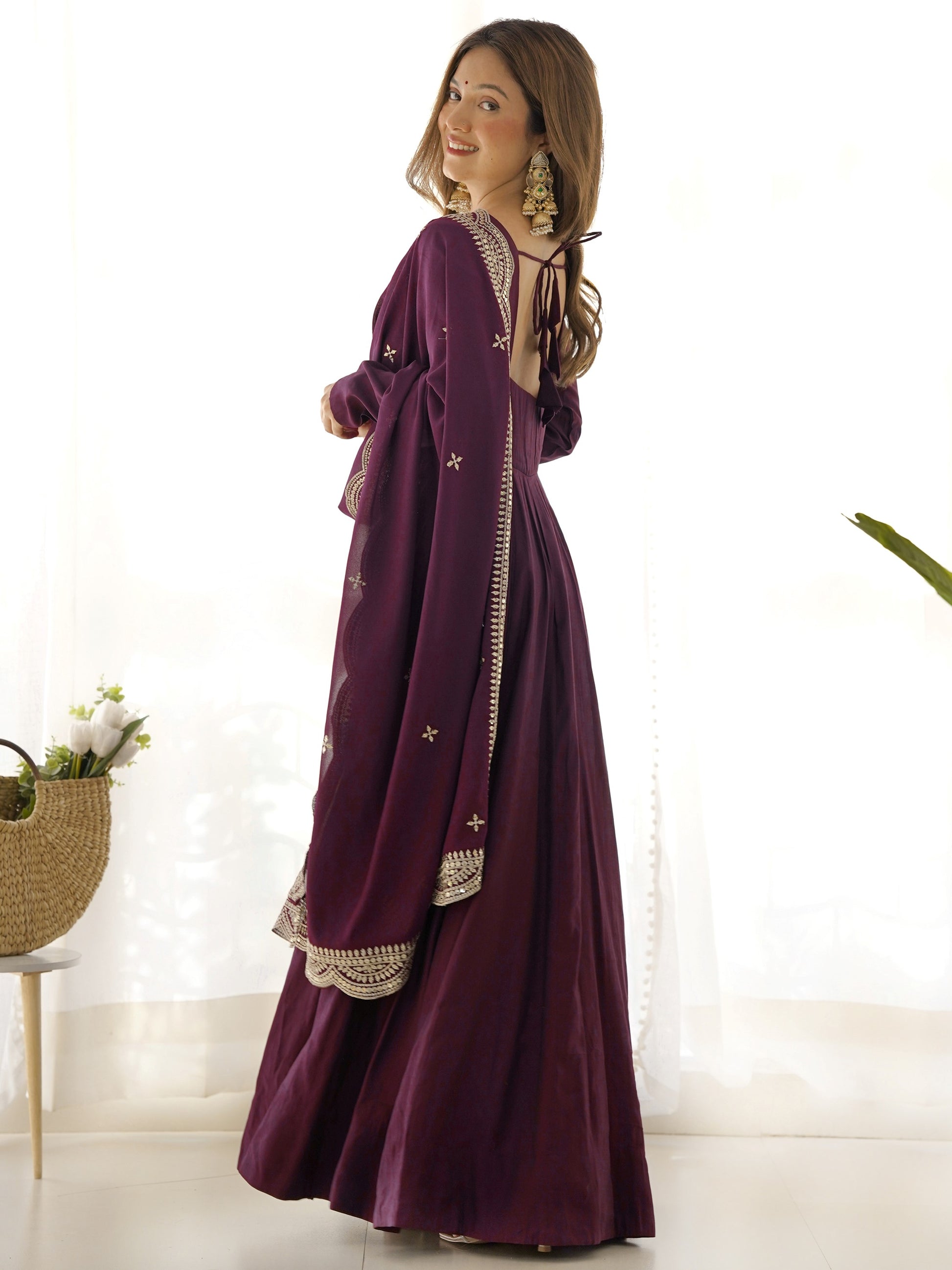 Precious Wine Silk Event Wear Anarkali Gown With Sequins Dupatta