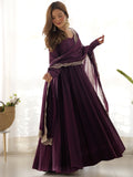 Precious Wine Silk Event Wear Anarkali Gown With Sequins Dupatta