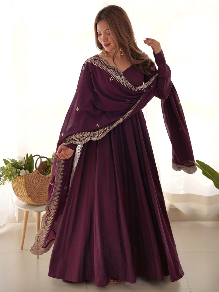 Precious Wine Silk Event Wear Anarkali Gown With Sequins Dupatta