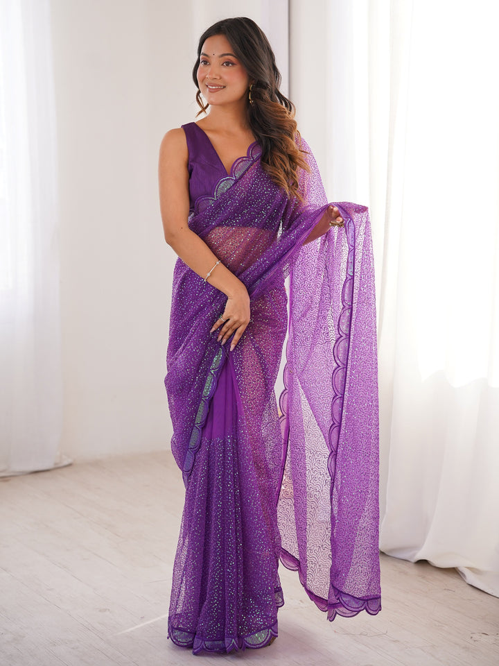 Enchanting Purple Sequin Work Net Wedding Wear Saree With Blouse