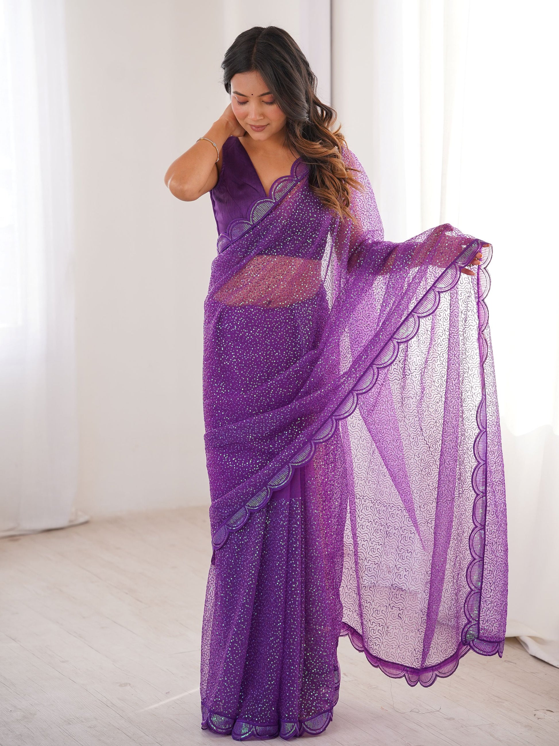 Enchanting Purple Sequin Work Net Wedding Wear Saree With Blouse