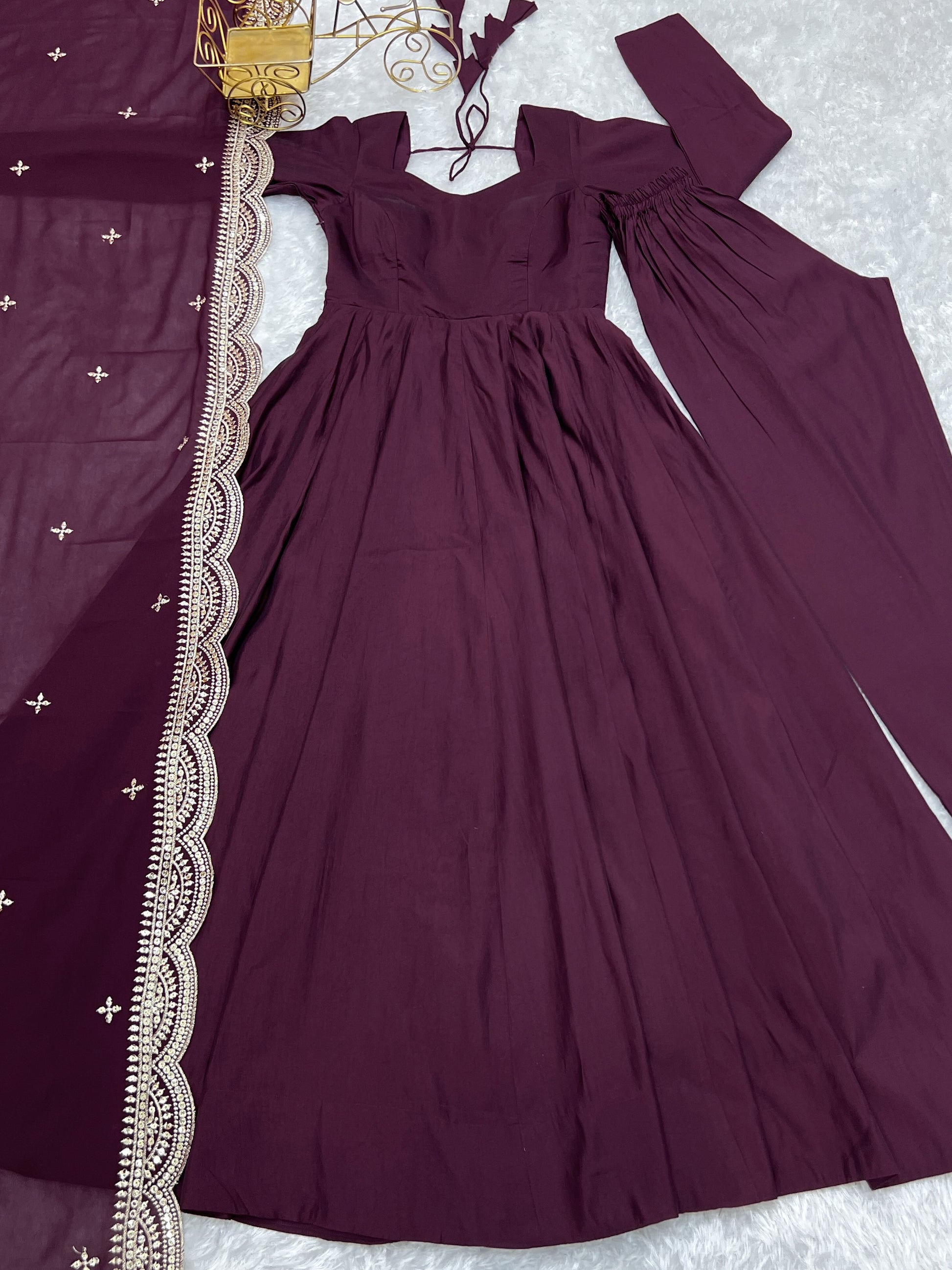 Precious Wine Silk Event Wear Anarkali Gown With Sequins Dupatta