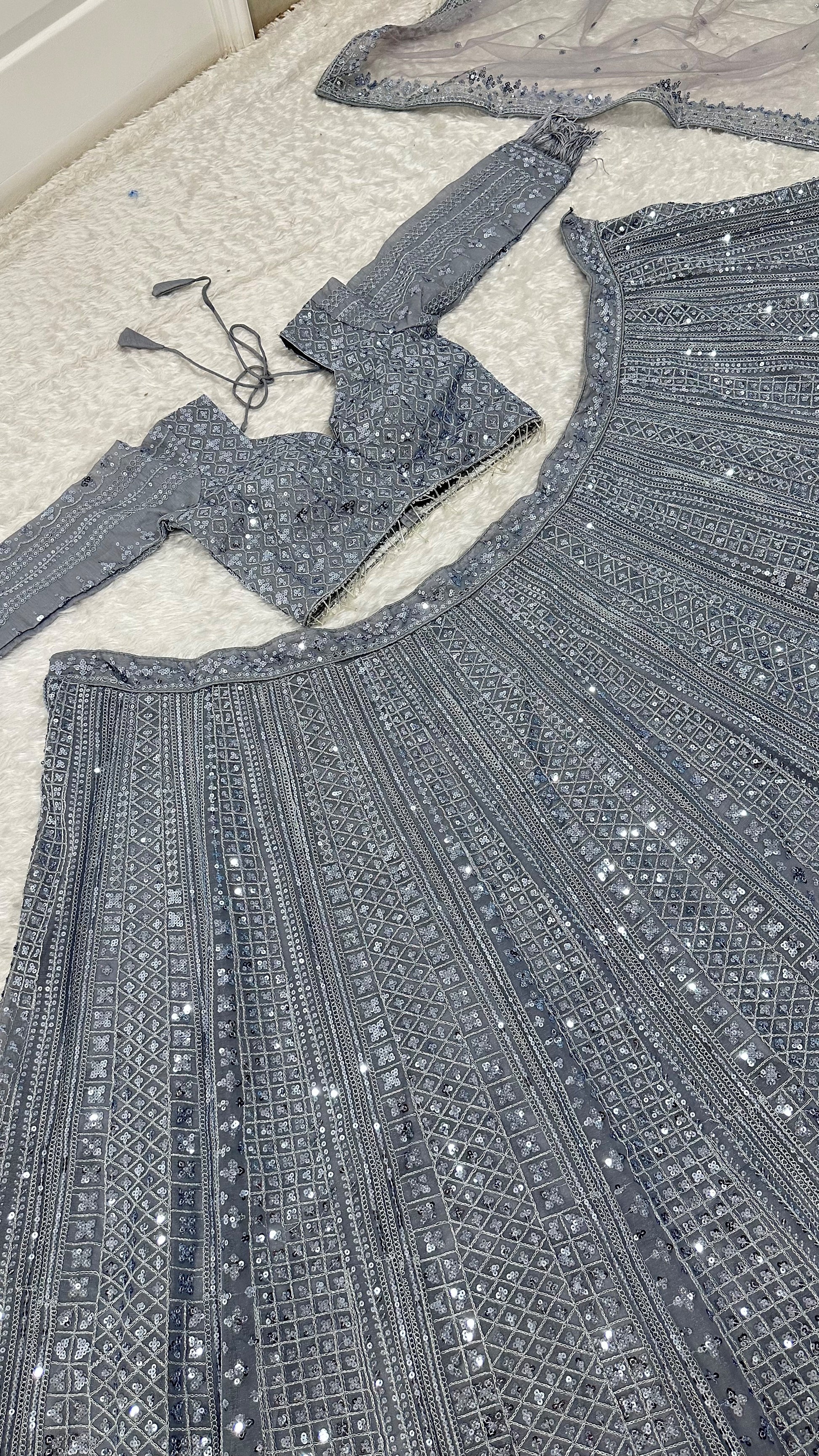 Charming Gery Sequins Work Silk Wedding Wear Lehenga Choli With Dupatta
