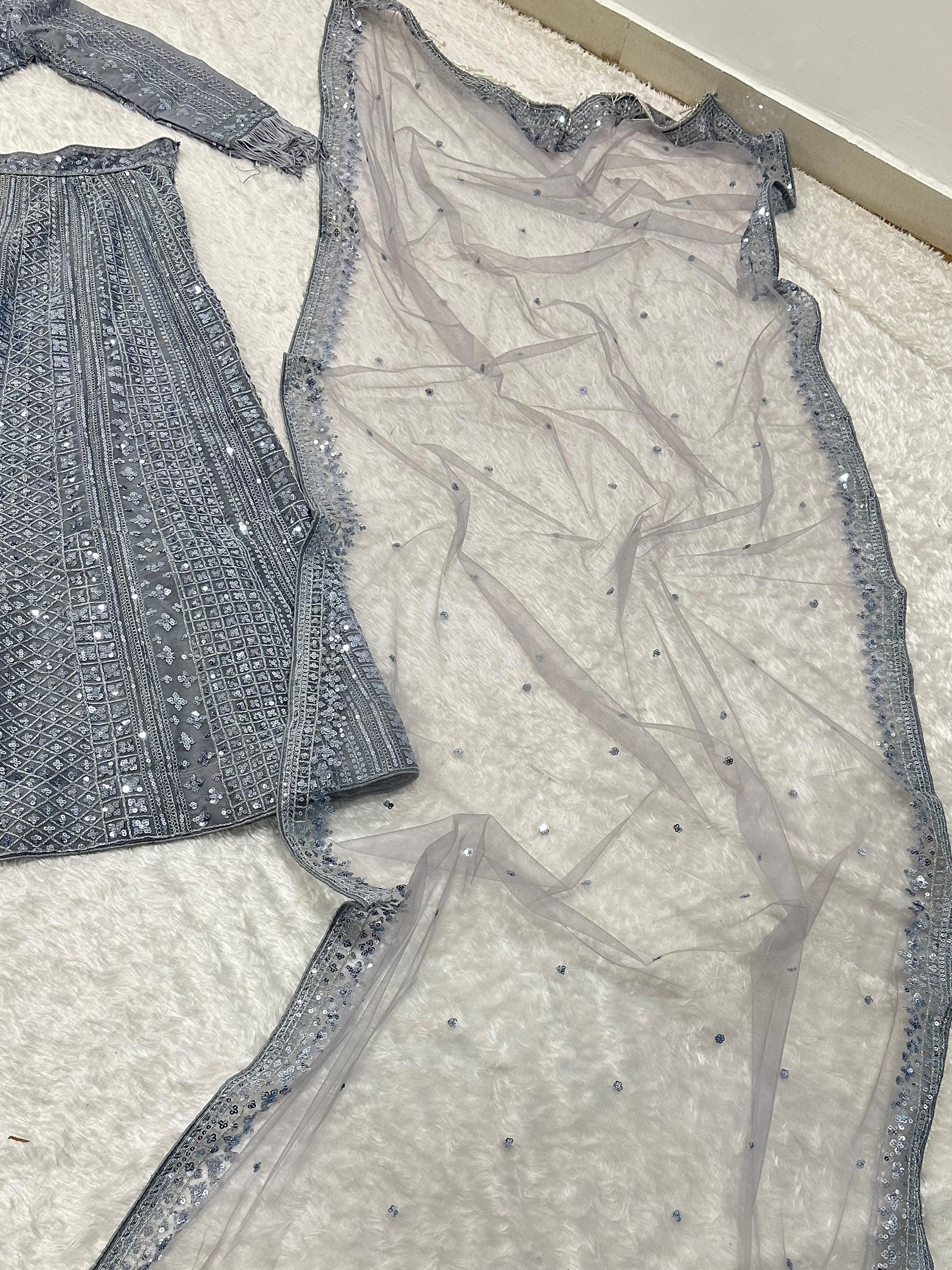 Charming Gery Sequins Work Silk Wedding Wear Lehenga Choli With Dupatta